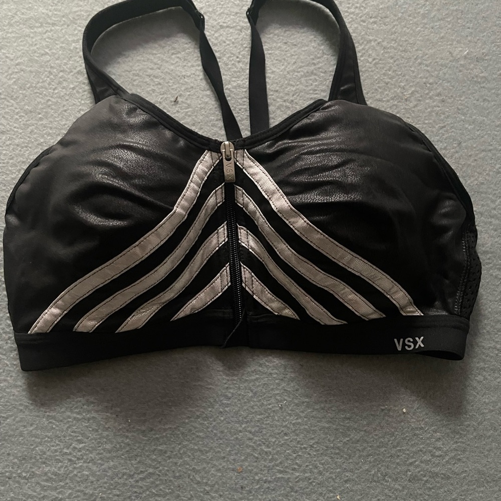 VSX Black and Silver Zip-Front Sports Bra